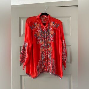 Johnny Was Bright Red Embroidered Top
